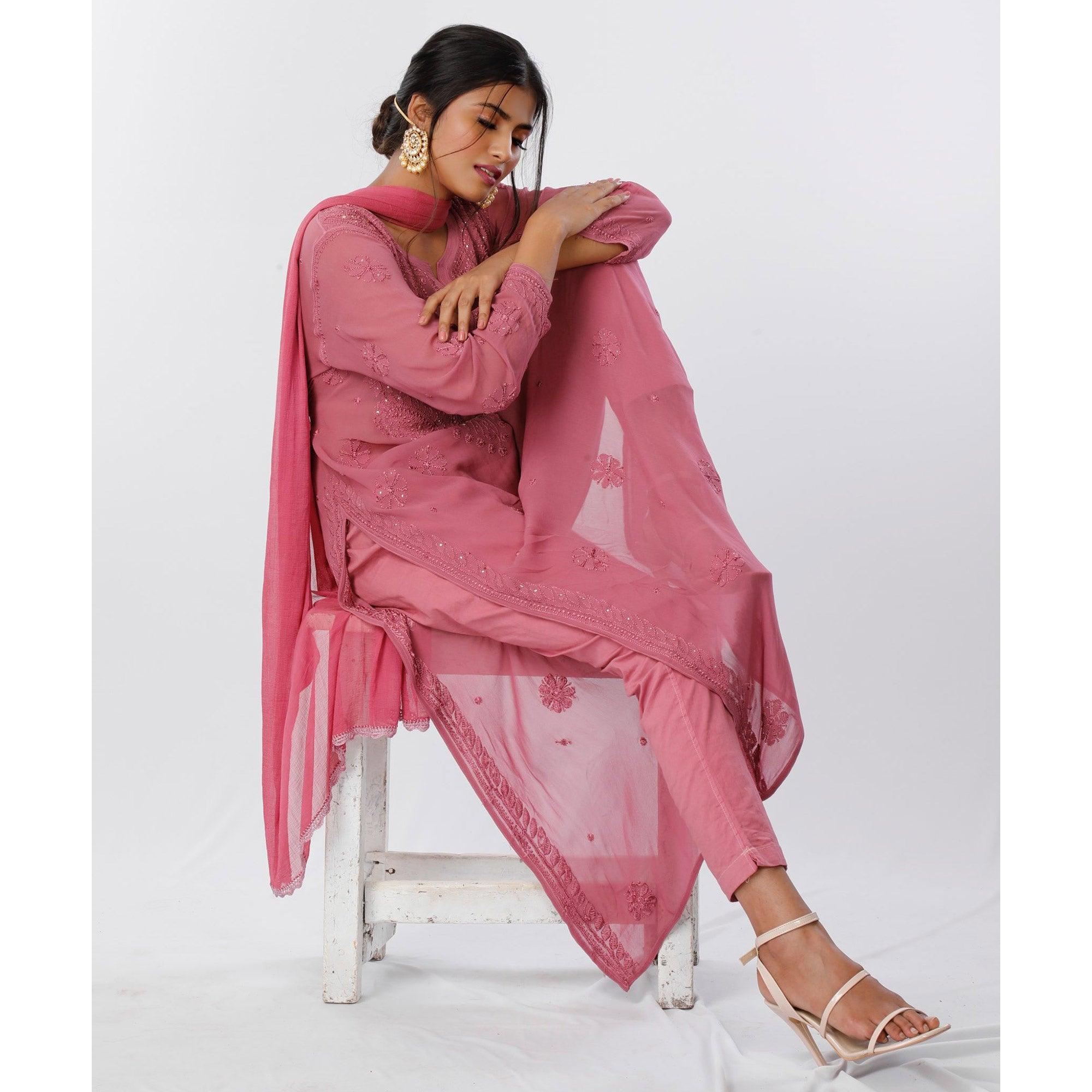 Rani Pink Viscose Georgette Chikankari Anarkali Kurta With Pant And Dupatta  Set - PinkSaree