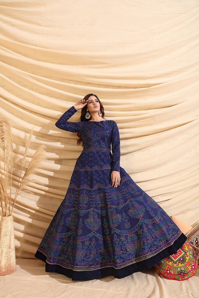Navy Blue Exclusive Beautiful Foil Work Anakrali Gown Collection