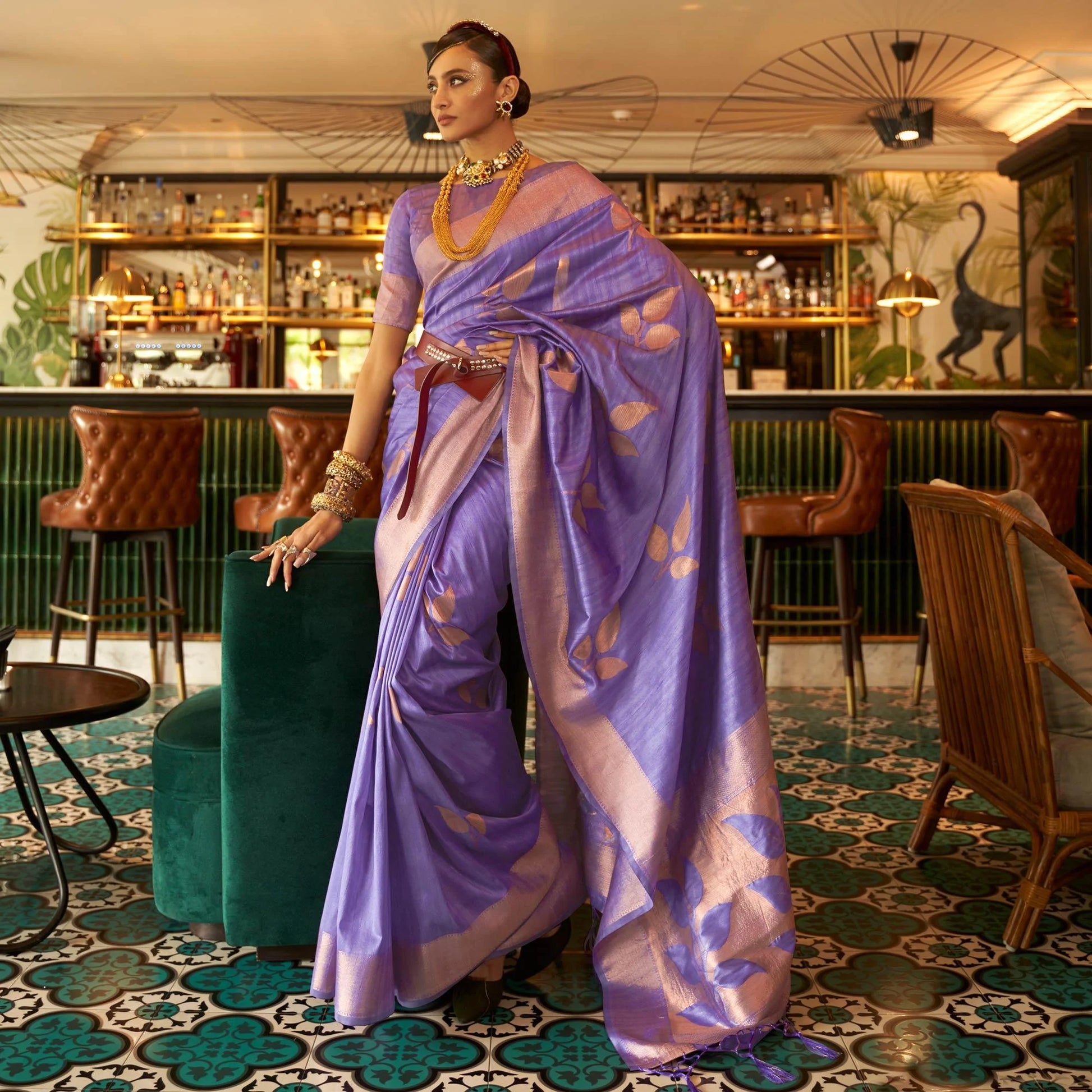 Purple Woven Art Silk Saree With Tassels