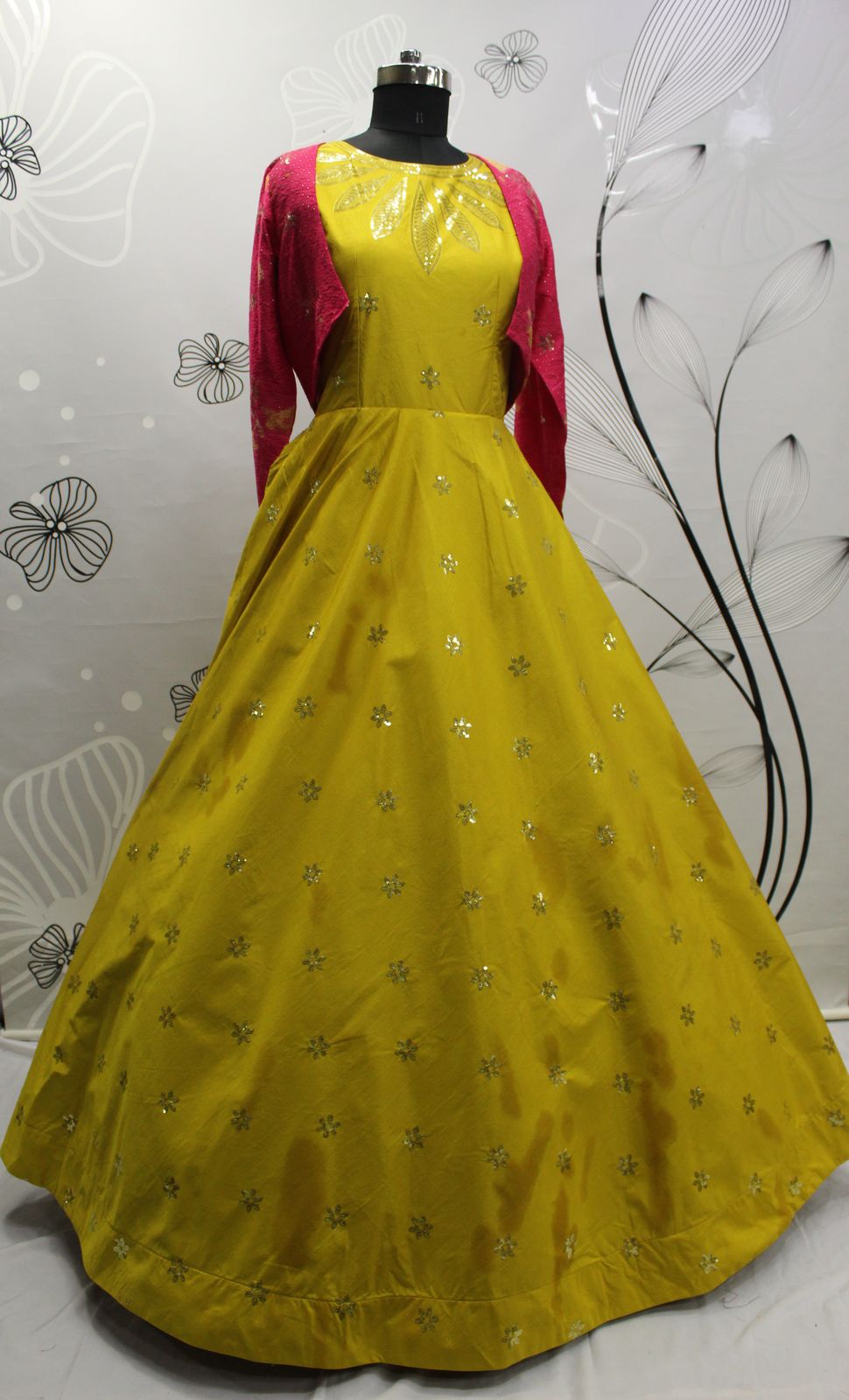 House Of Sitara Lemon Yellow Cotton Long Gown with Stone Embroidery Online  - House Of Sitara - 3325357