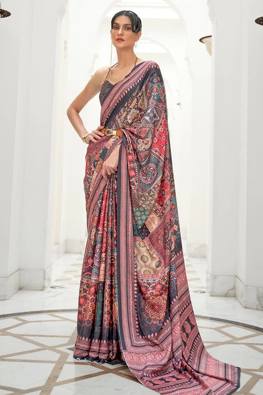Multicoloured  Partywear Floral Digital Printed Silk Saree