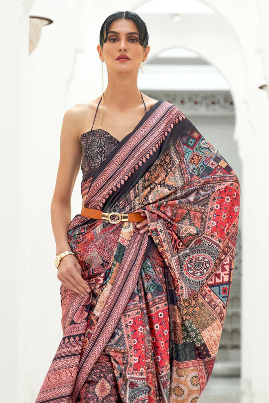 Multicoloured  Partywear Floral Digital Printed Silk Saree