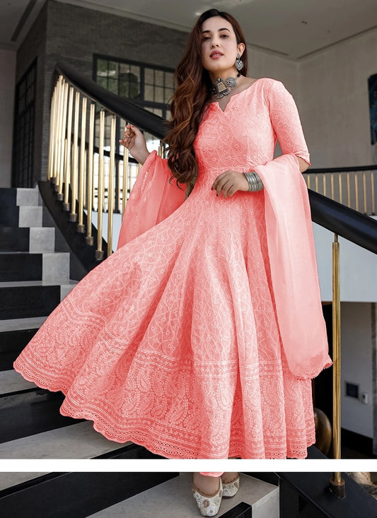 Peach Lucknowi Chikankari With Embroidery Rayon Partywear Gown