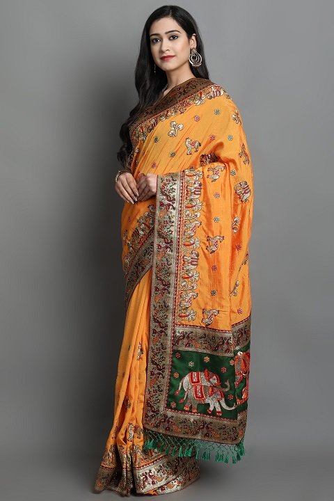Patola Silk Saree | Yellow, Bottle Green, Maroom Panetar Wedding Saree | Doli Design Saree