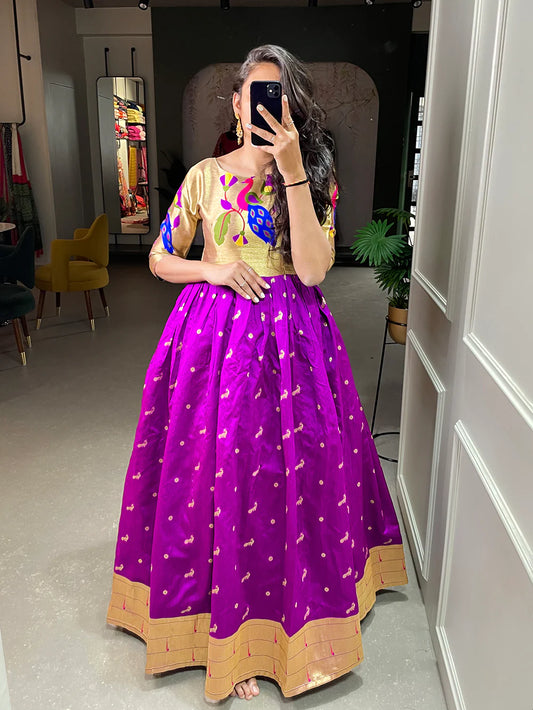 Purple Color Weaving Zari Work Jacquard Silk Paithani Gown