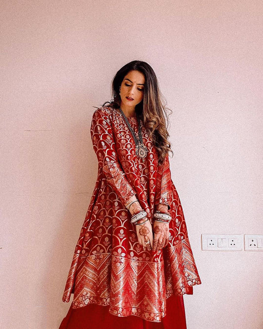 Beautiful Red Colored Anarkali Style Banarasi Jacquard Flaired Sharara