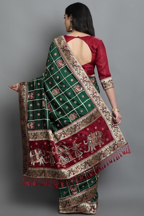 Patola Silk Saree | Bottle Green, Red Panetar Wedding Saree | Doli Design Saree