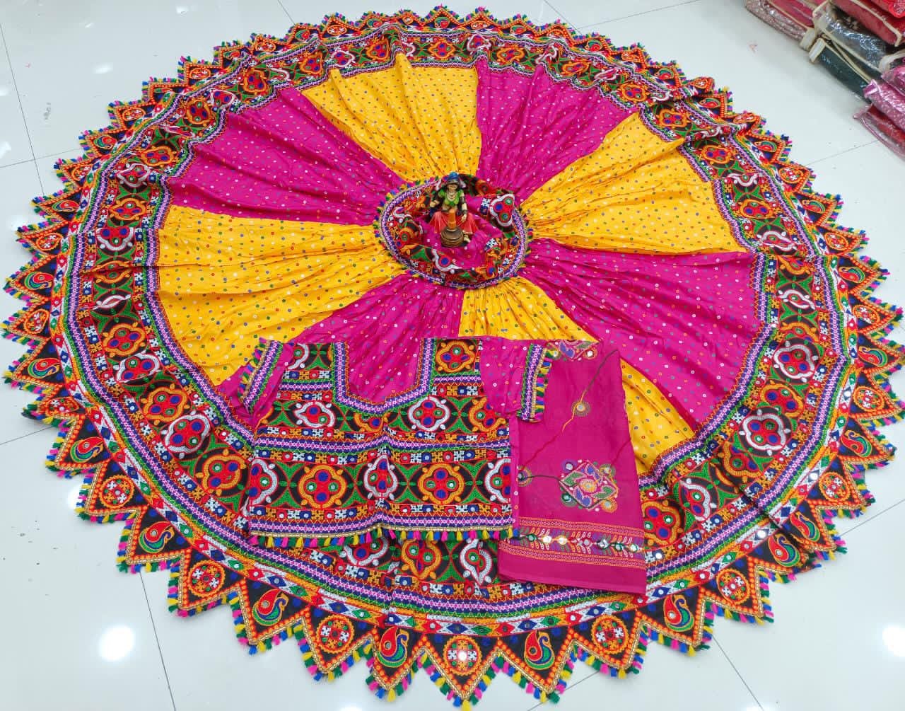 Pink Cotton With Bandhni Print And Real Mirror Work Lehenga