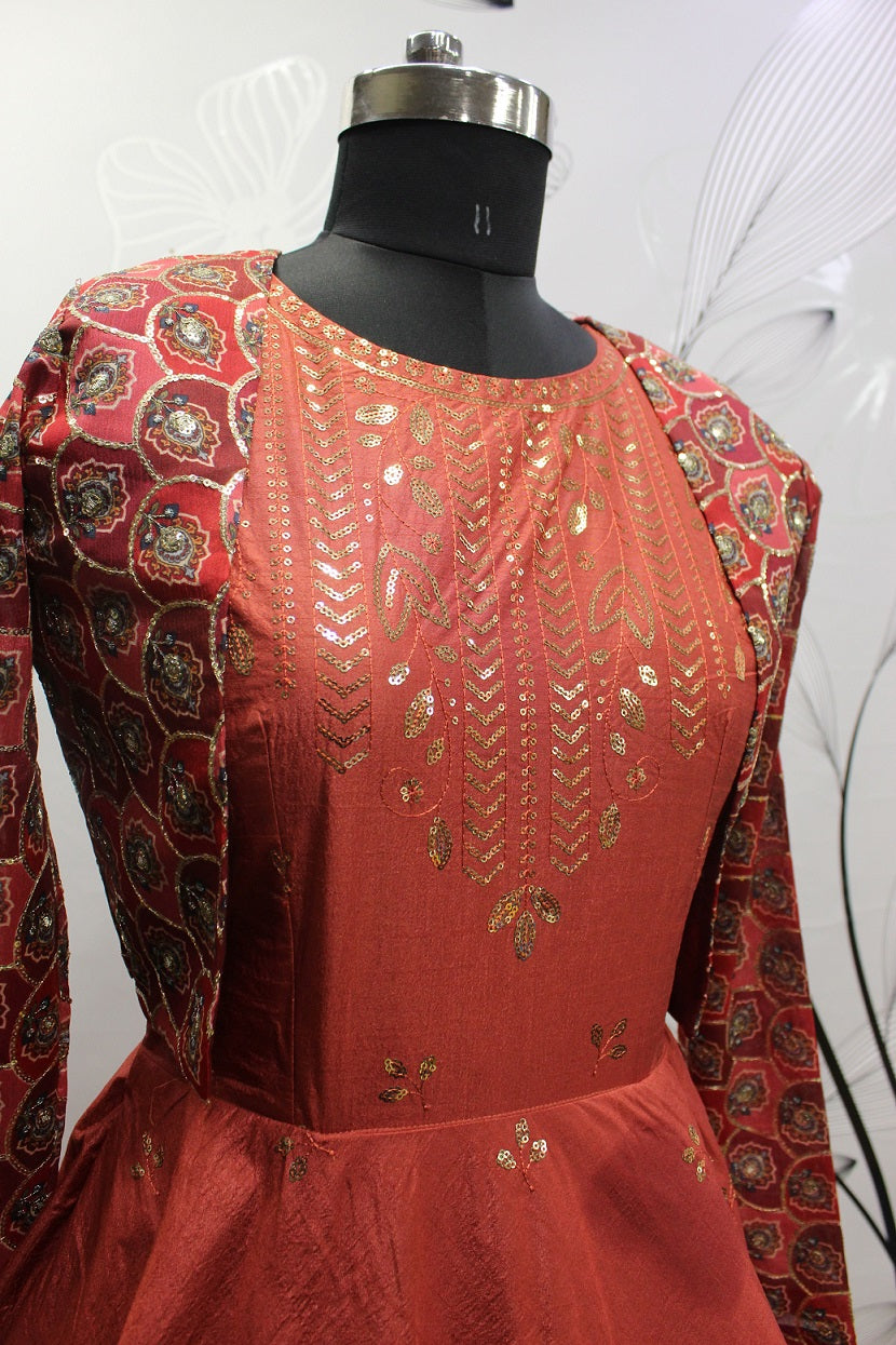 Rust  Sequence Embroidered Pure Cotton Gown With Koti